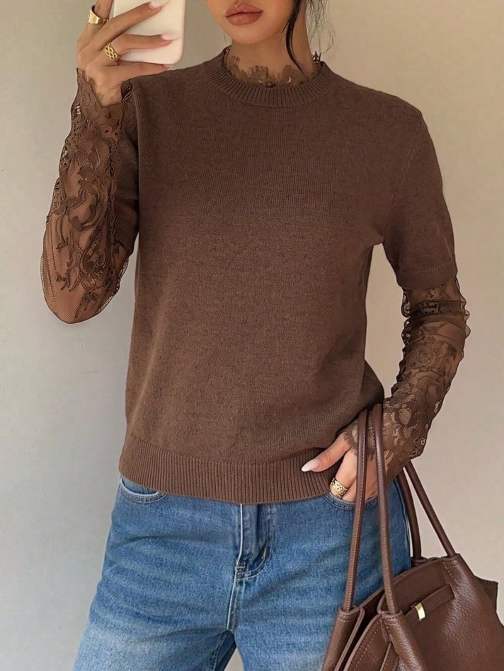 Brown Casual Women's Lace detailed Plush Knit Sweater top - Picture 5 of 9